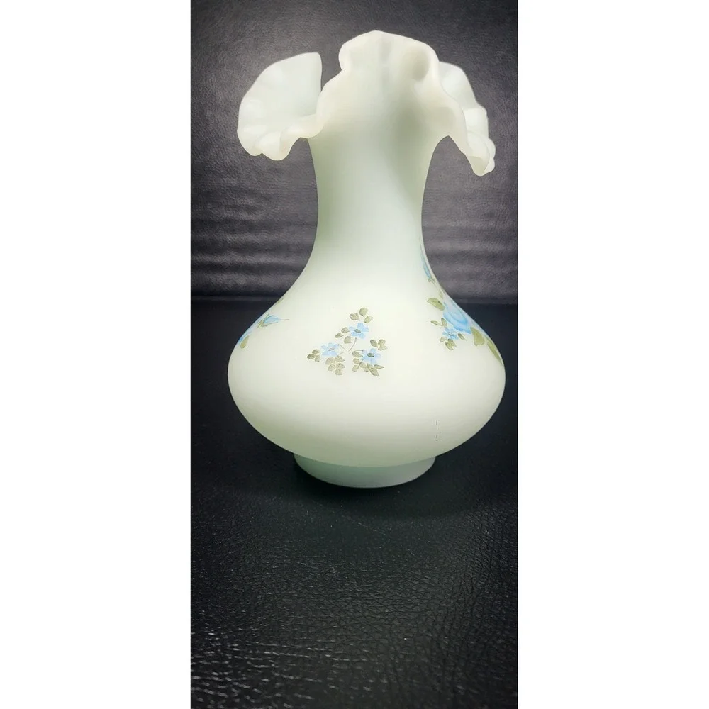 Fenton Hand Painted Signed Fenton Glass Blue Rose On Blue Satin Ruffle Vase